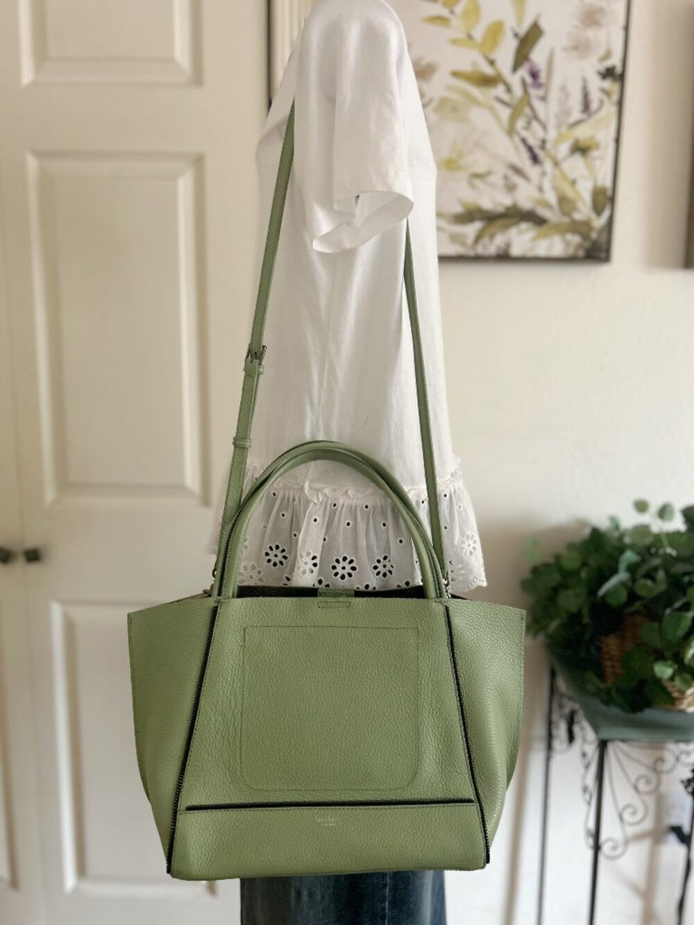 Botkier Light Green Pebbled Leather Tote with Top Handles and Adjustable Strap
